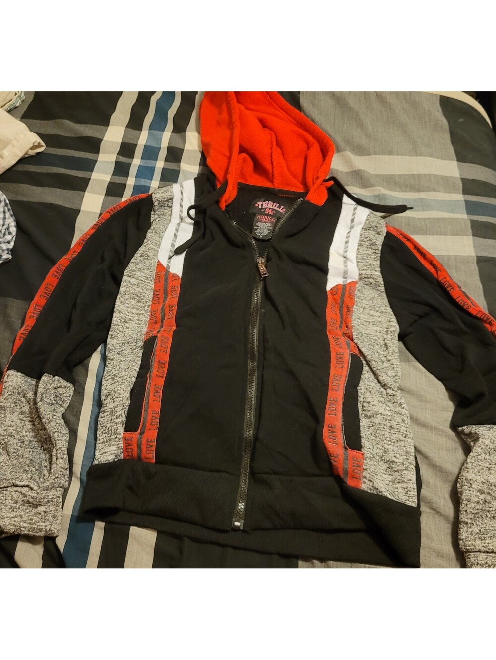 Thrill 94 Women's Full Zip Hoodie Black Gray Red Love Tape Jacket Size M